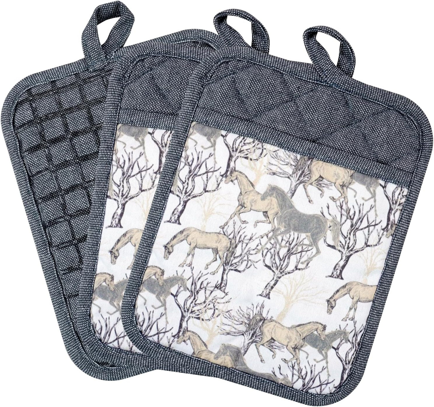 Pot Holders Set of 3 Silicone Printing Non Slip Heat Resistant, Yarm-Dyed Hot Pads Cotton Home Kitchen Cooking Barbecue Microwave Women Men Machine Washable BBQ Grilling. (Gray Potholders)