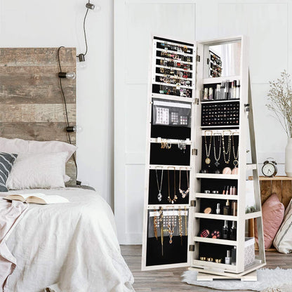 360° Swivel Jewelry Armoire with Higher Full Length Mirror & inside Makeup Mirror, Standing Lockable Jewelry Cabinet Organizer, Large Capacity, Back Storage Shelves (Grayish White)