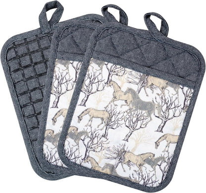 Pot Holders Set of 3 Silicone Printing Non Slip Heat Resistant, Yarm-Dyed Hot Pads Cotton Home Kitchen Cooking Barbecue Microwave Women Men Machine Washable BBQ Grilling. (Gray Potholders)